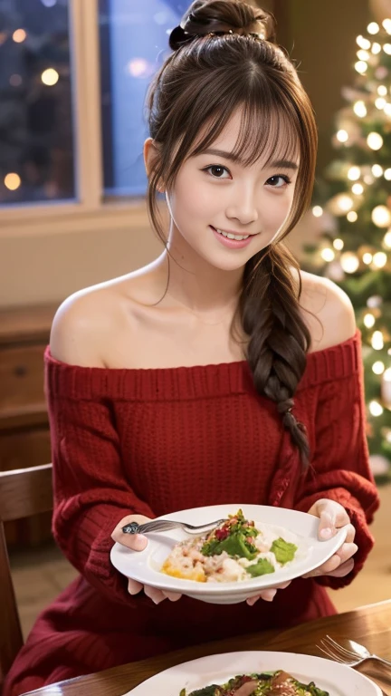 A girl wearing a cute knit dress、Off the shoulder、ponytail、Enjoy a delicious dinner on a warm Christmas evening。Around her、A dining table sparkling with Christmas decorations.、Create a warm atmosphere。smile:1.1、Holding a fork、people eating special christmas meal々Depicting。.。.。The scent of dinner and the cold of winter mix together...、Enjoy your time、freckles、24-years-old