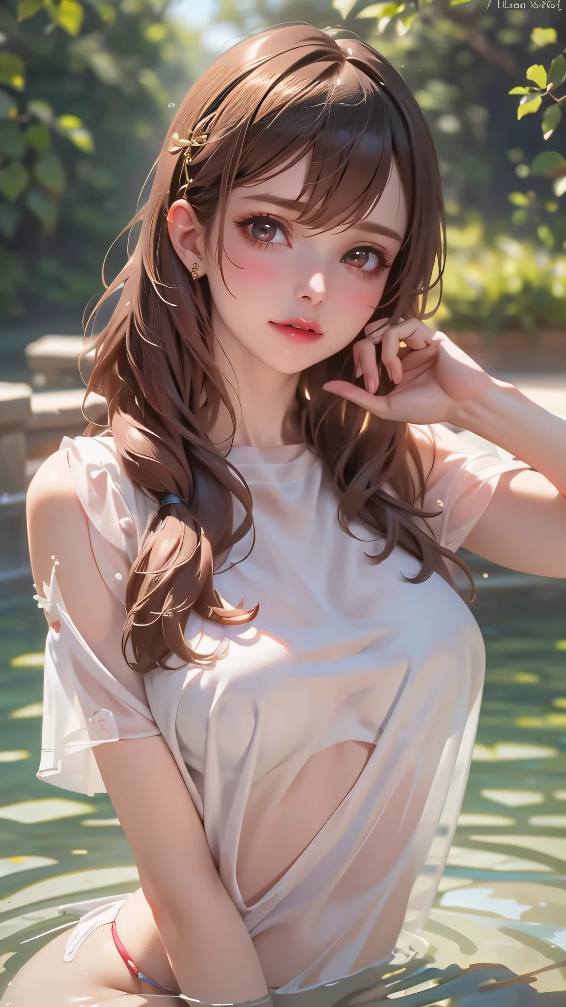 (fellatio gesture),(floating in water),(soaked),baggy t-shirt,(see through),lace swimsuit,(Thin type:1.5),(large breasts),(random hairstyle:1.2),(Highest image quality, (8K), Ultra-realistic, Best Quality, High quality, High Definition, high quality texture, high detailing, Beautiful detailed, fine detailed, extremely details CG, Detailed texture, realistic representation of face, masterpiece, presence)