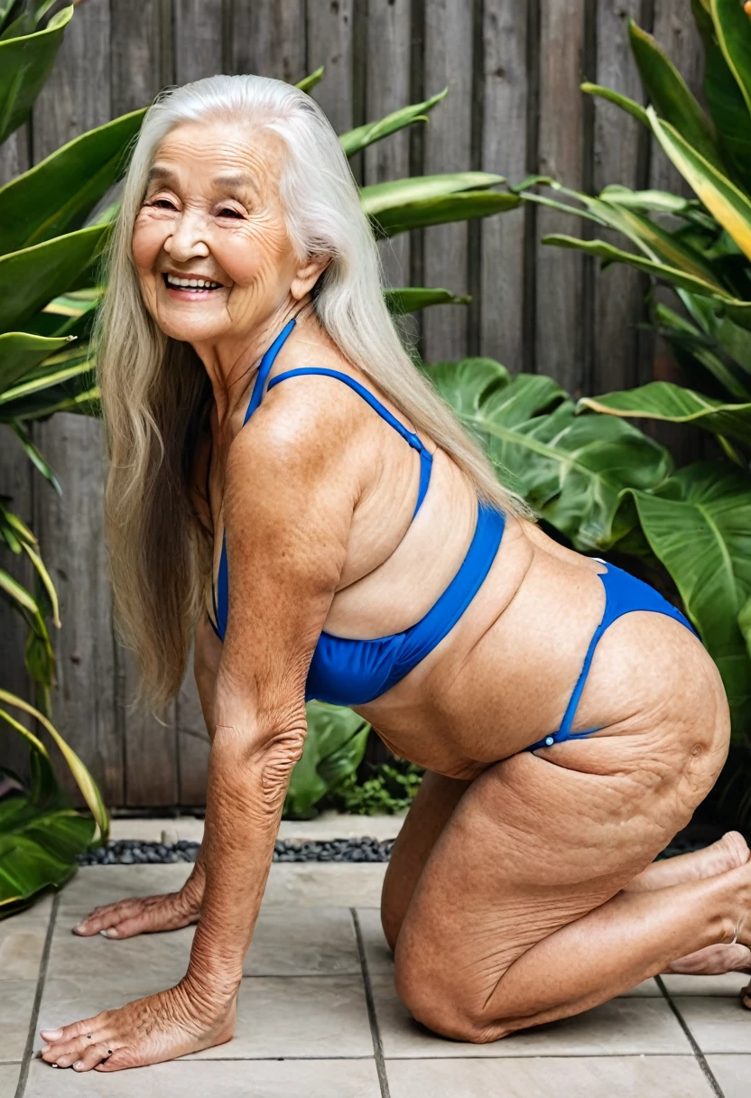 shot from side, an American woman, 78 years old, squatting, chubby body, wearing sexy fashionable bikini, smiling, beautiful wrinkled skin, beautiful straight long hair.
