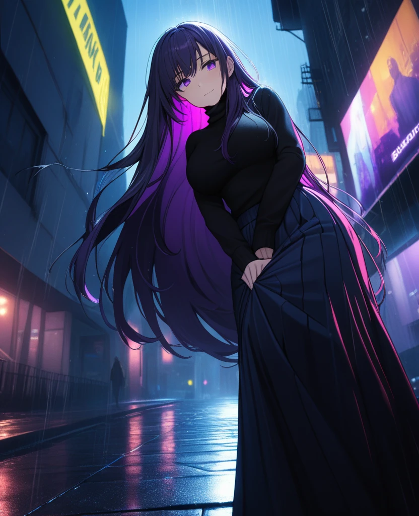 night, Colorful cyberpunk city background, rain, street, (Very long hair:1.25), Dark purple hair, Purple Eyes Shining Eyes, Large Breasts, Turtleneck sweater, (Long skirt:1.25), Colorful Skirts, (Be incontinent:1.5), Stern expression, black, Backlight, shine, Find your audience, Low angle shot, Look up at the camera, Perfect composition, Perfect light and shadow, 8K