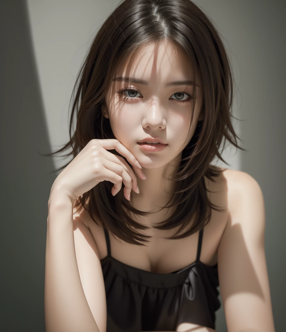 Best quality, masterpiece, ultra high res, (photorealistic:1.5), raw photo, 1girl, offshoulder, in the dark, deep shadow, low key, cold light, sexy look, short hair