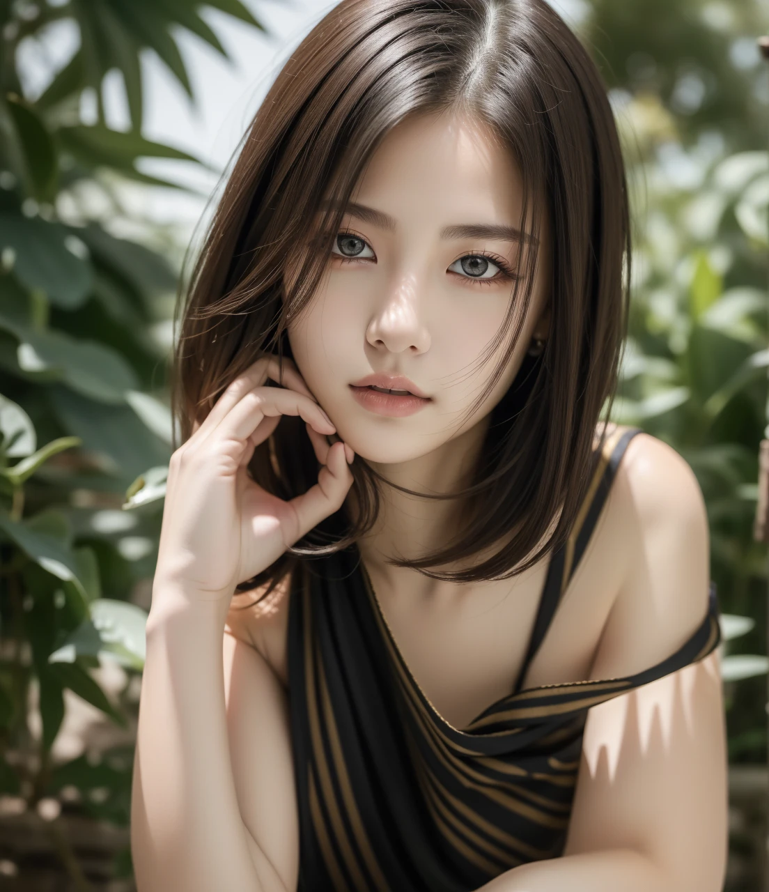 Best quality, masterpiece, ultra high res, (photorealistic:1.5), raw photo, 1girl, offshoulder, in the dark, deep shadow, low key, cold light, sexy look, short hair
