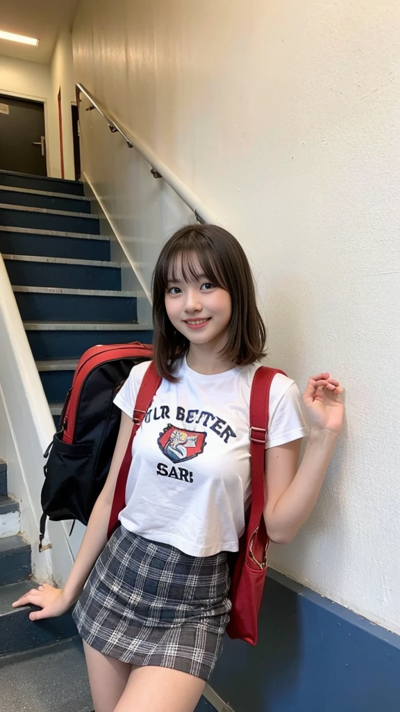 18 year old high school girl standing on the stairs at school,White shirt,blue and red plaid mini skirt:1.5,the best smile,white panties:1.5,blonde with shortcut:1.5,Side waves with a shortcut.,Carry a black backpack,exposed butt:1.9,