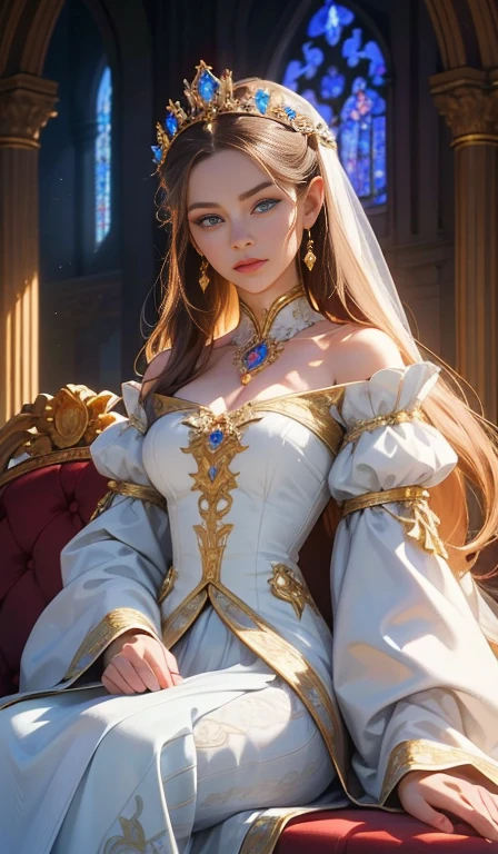 
Fantasy, 19th century, empress, woman, delicate face, pale brown long hair, blue eyes, in a white royal dress with open shoulders, gold patterns on fabric, crystal jewelry, with a scarlet ribbon over the shoulder with the regalia of the monarch, Gothic castle made of white stone on the background, light, day, hd