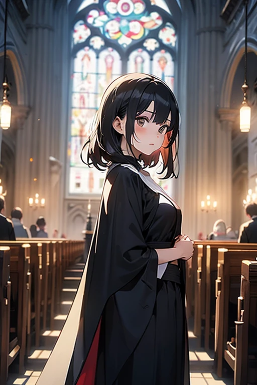 Woman in black dress and cape posing in church, Nun costume, Guweiz on ArtStation Pixiv, guweiz on pixiv artstation, Dressed like a priest, Behind her is a Gothic cathedral, , [ 4k digital art ]!!, Anime Goddess, Gweiz-style artwork
