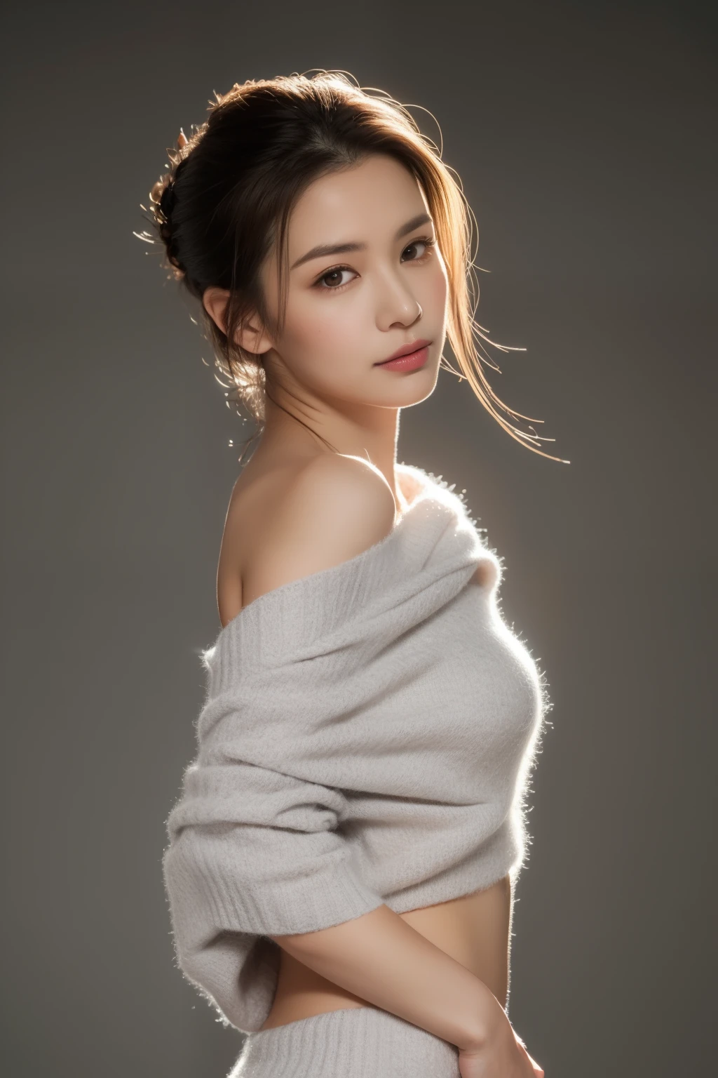 asian lady, She is wearing a soft white sweater relaxed neckline that casually ((drapes off one shoulder)), exposing slender shoulders with black bra trap, highlighted by the rays of light creating a radiant effect on her skin. , mid-shot , light rays, warm atmosphere , light through hair, ((mid-shot, full body, slender waist)), Hair Up Do、 Glowing eyes, nose blush, Carl Larsson, Alfonse Mucha, Chiaroscuro, Film Glenn, reflective light, (((long-Shot))), knee to top,longshot show (((full body))), masterpiece, high details, ((gray background, studio light ))