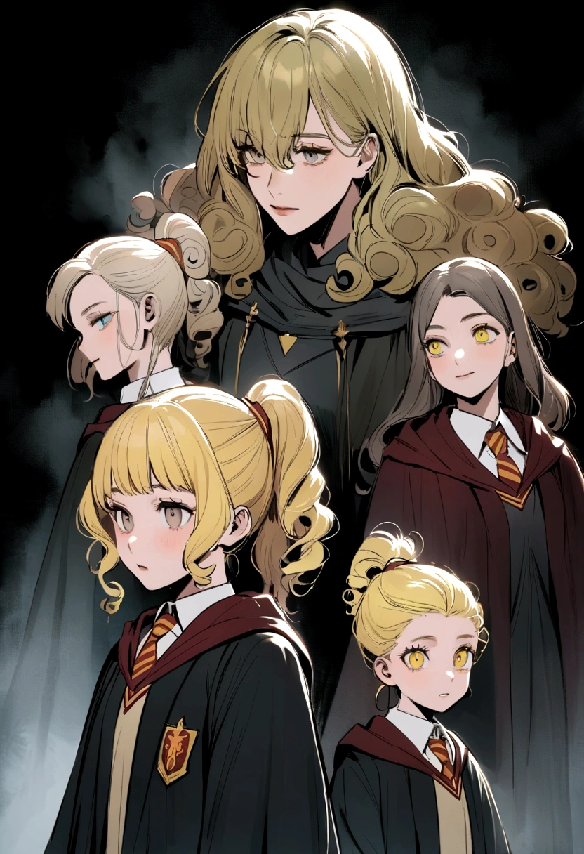 Harry Potter in the war against the Dementors at the magic school while at his side there are 3 girls with fair skin and curly hair, one of them has eyes and a strand of yellow hair, one has a ponytail, and the other has decorated and well-groomed hair
