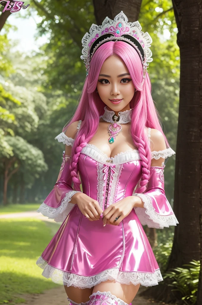 (nsfw), sexy stylish Swedish model, only 1 female, ((doll-like appearance)), long neon pink stylish hair, ((shiny Victorian-Style boots)), (big smile), ultra detailed eyes, vivid eye makeup, lipgloss, long lashes, defined eyebrows, (small naked breasts), ((sexy Paradise Kiss cosplay)), (naked aroused open pussy), bell-shaped skirt, petticoats, high neckline, puffed sleeves, (( ultra detailed lace)), ((ultra detailed embroidery)), intricate details, Paradise Kiss accessoires and matching headpiece, choker, ((large sparkling Paradise Kiss jewelry)), cinematic light, detailed large park background with trees