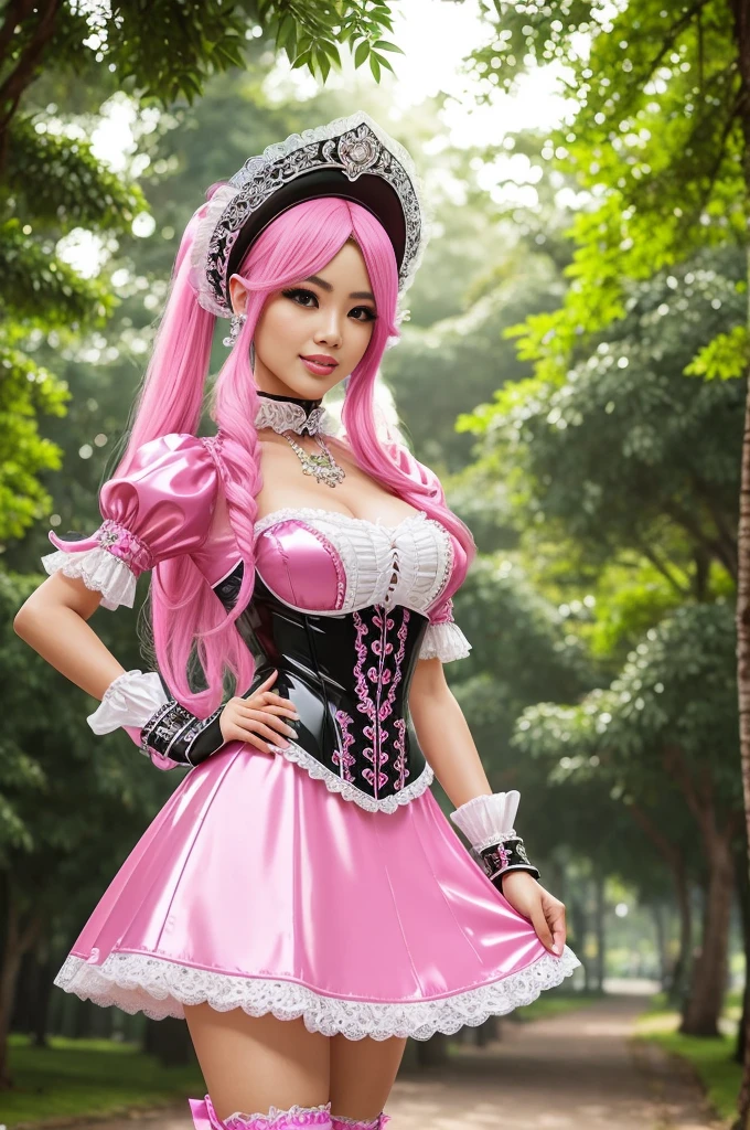 sexy stylish Thai model, only 1 female, long neon pink stylish hair, ((shiny Victorian-Style boots)), beautiful smile, ultra detailed eyes, vivid eye makeup, lipgloss, long lashes, defined eyebrows, ((sexy Paradise Kiss cosplay)), bell-shaped skirt, petticoats, high neckline, puffed sleeves, (( ultra detailed lace)), ((ultra detailed embroidery)), intricate details, Paradise Kiss accessoires and matching headpiece, choker, ((large sparkling Paradise Kiss jewelry)), cinematic light, detailed large park background with trees