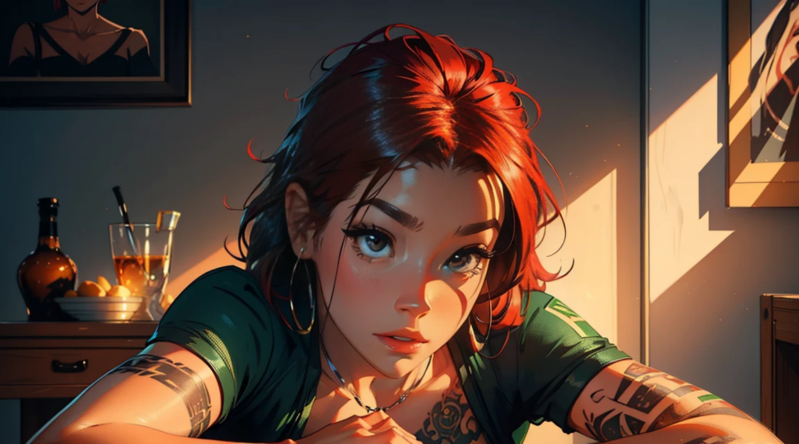 high resolution, Soft light,1womanl, Solo, Hips up, (Detailed face),tattoo, jewelry, t-shirt with rough chest, Beautiful soldiers, Grab the audience's eye, Lover's perspective, Invitation expression, Sexy smile, Perfect style, Perfect balance, Detailed skin, mischievous gaze, chest visible,red hair ,green eyes