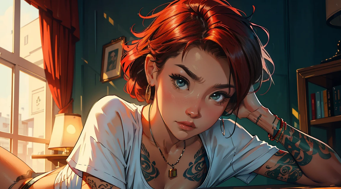 high resolution, Soft light,1womanl, Solo, Hips up, (Detailed face),tattoo, jewelry, t-shirt with rough chest, Beautiful soldiers, Grab the audience's eye, Lover's perspective, Invitation expression, Sexy smile, Perfect style, Perfect balance, Detailed skin, mischievous gaze, chest visible,red hair ,green eyes