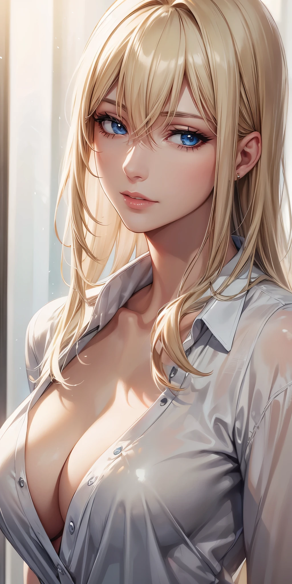 Realistic, Elegant mature woman, blue eyes, blonde hair, soft light, high detailed, 4k resolution, high quality, beautiful cg