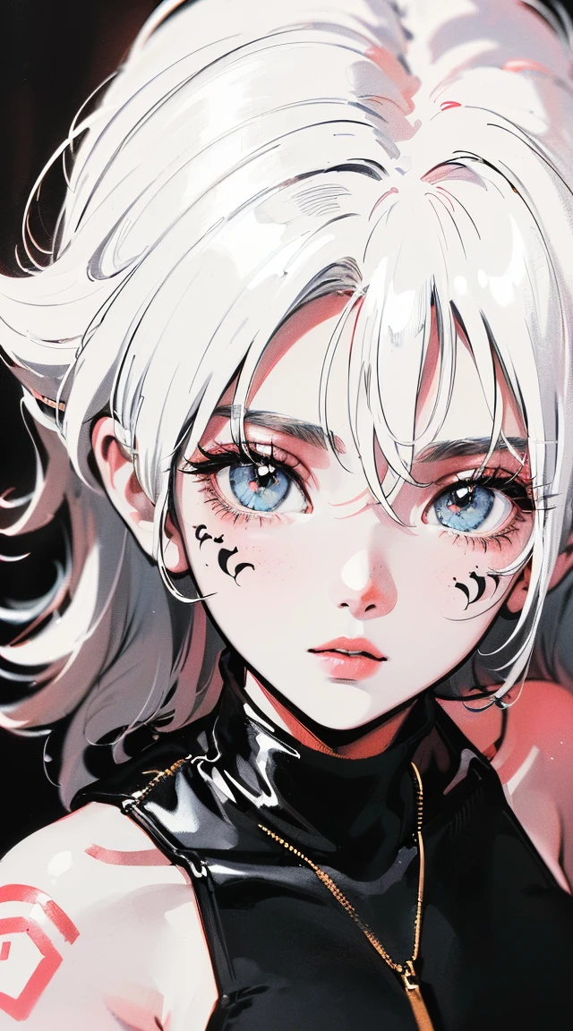 (((((((90's anime style,1990s style,oil painting,monochromatic world, using only shades of black and white, facial tattoo,))))))(((turtleneck sweater,off shoulders,Loose and light knitwear,))) (((blush:1.7,baggy cuffs))),(zentangle:1.1), (geometric:1.1), ((1girl,under-aged,amazing,sharp focus,seductive girl,solo,from above:1.2))(Masterpiece,Best quality, offcial art, Beautiful and aesthetic:1.2),((Ultra-high resolution,Golden ratio,)) (16K),((upper upper shot,Female dream demon,sagging breasts,gigantic breasts)),(Physically-based rendering),Sharp focus, (((highdetailskin,))),Intricately detailed clothing,Delicate pupils,heart pupils,Danfeng Eye,((((detailed hair|middle hair|steep bangs|Long bold side bangs|top bow|ahoge)))),slender,(masterpiece sidelighting),(The sheen),(beautiful hair,beautiful eyes,)((unbelievable Ridiculous quality,blur background,)),((extremely_Detailed_eyes_and_face)),Movie girl,(Dynamic configuration: 1.2),Brilliant,Glossy, (Photorealistic), ((hairpin)), two-sided fabric,disheveled hair,Ultra-precise depiction, Ultra-detailed depiction, white hair