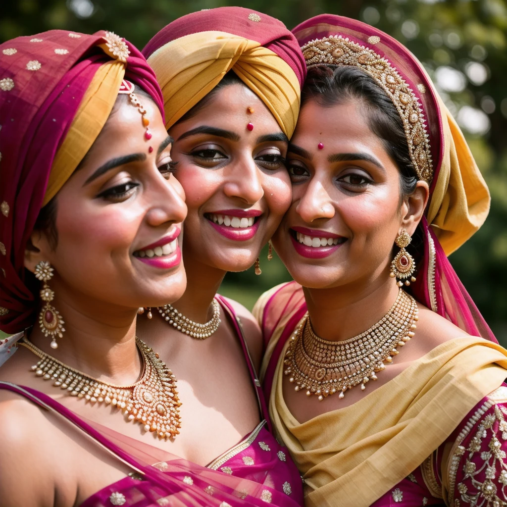 /imagine prompt: Close-up shot of guests in traditional Punjabi attire arriving at a wedding, exchanging warm greetings and laughing. Brightly colored turbans, elegant dresses, and intricate jewelry. Soft daylight illuminating their joyful expressions. Created Using: portrait photography, vibrant colors, shallow depth of field, realistic depiction, cultural celebration, natural lighting, high detail, candid moments, hd quality, natural look --ar 2:3 --v 6.0