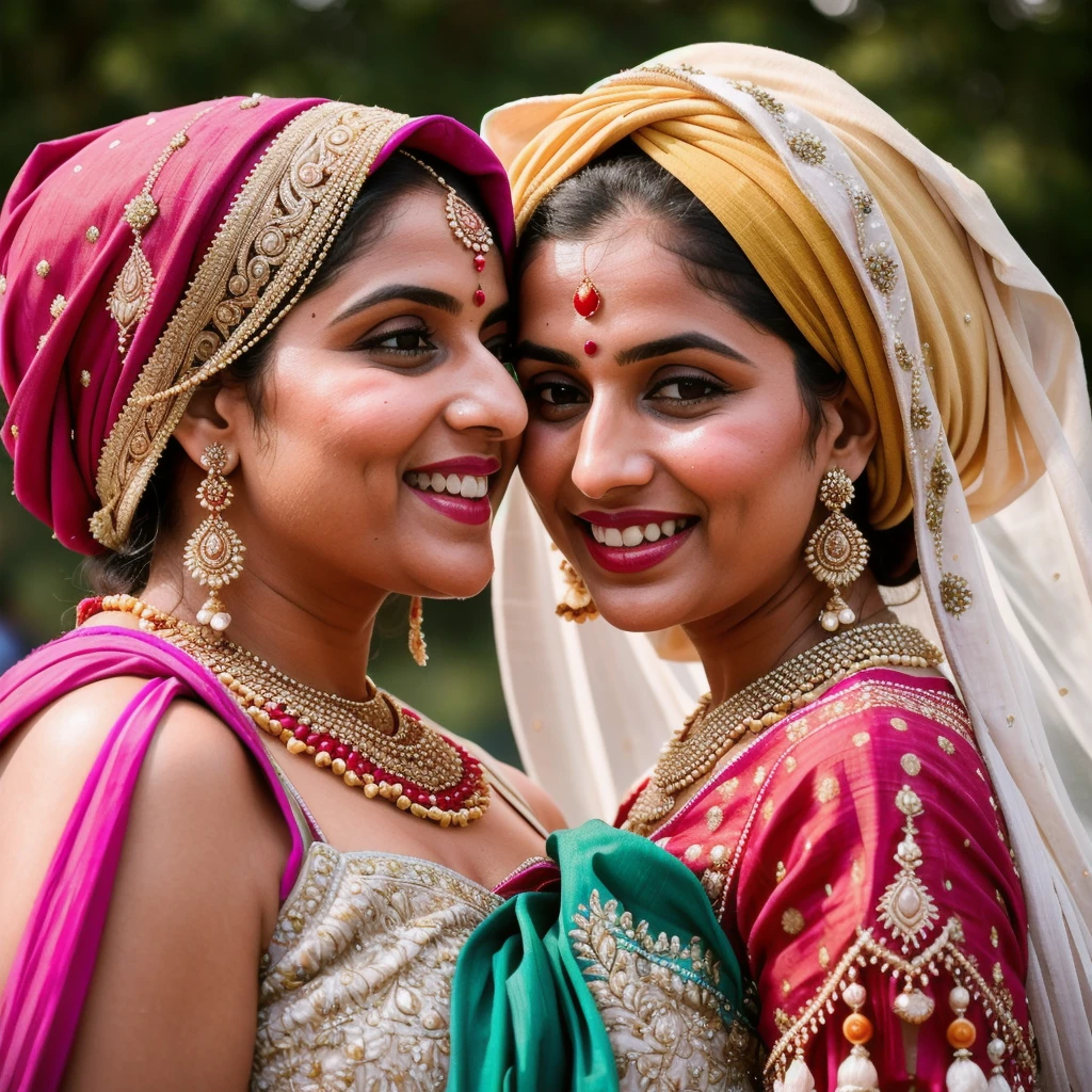 /imagine prompt: Close-up shot of guests in traditional Punjabi attire arriving at a wedding, exchanging warm greetings and laughing. Brightly colored turbans, elegant dresses, and intricate jewelry. Soft daylight illuminating their joyful expressions. Created Using: portrait photography, vibrant colors, shallow depth of field, realistic depiction, cultural celebration, natural lighting, high detail, candid moments, hd quality, natural look --ar 2:3 --v 6.0
