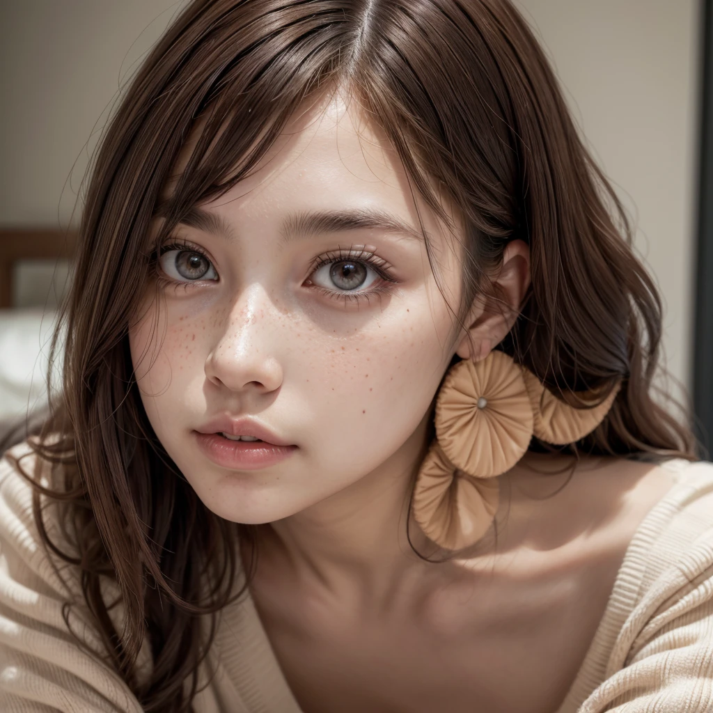 a peach colored girl, brown dark eyes, medium hair, large quilted strip, half curly chocolate color, She has few freckles and a strong look, your eyebrows are well filled in with the color of your hair, Full mouth. dark