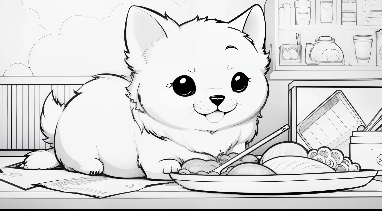 not colored in b/w outline art for kids coloring book page, ultra detailed illustration in anime style border Pastor ovejero dog, active in the japanese restaurant, (with no background), only use outline, realistic style, line art, coloring book, clean line art, white background, Sketch style, reduce noise, black and white only, with accurate paws, cute cartoon style lines