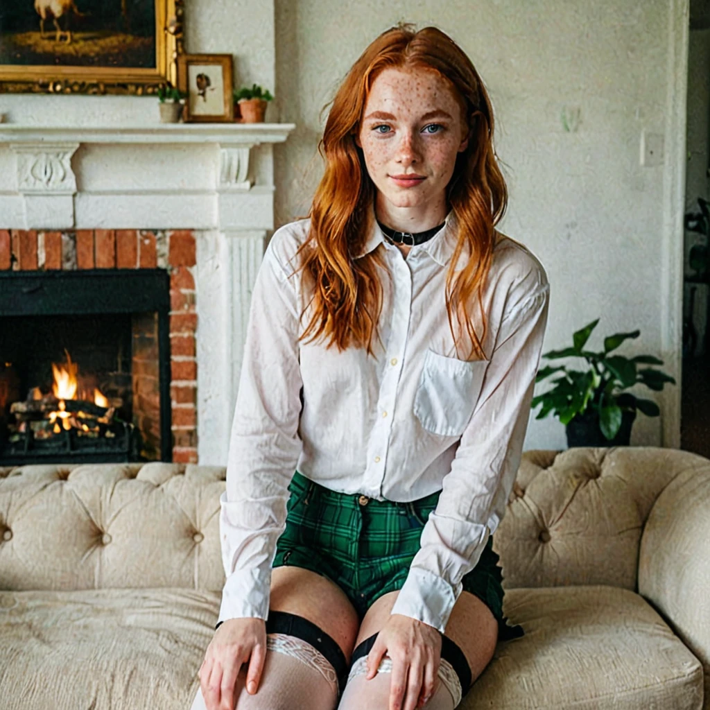  upper body, close up, cute woman, beautiful, 18 years old, dreamy, green eyes, freckles, soft smile, shoulder length ginger hair at side, living room, white stockings, open flannel shirt, (open shirt:1.2), detached shirt,beautiful legs, black choker,Denoidramatic, atmospheric, reddit, medium quality, normal aesthetic,