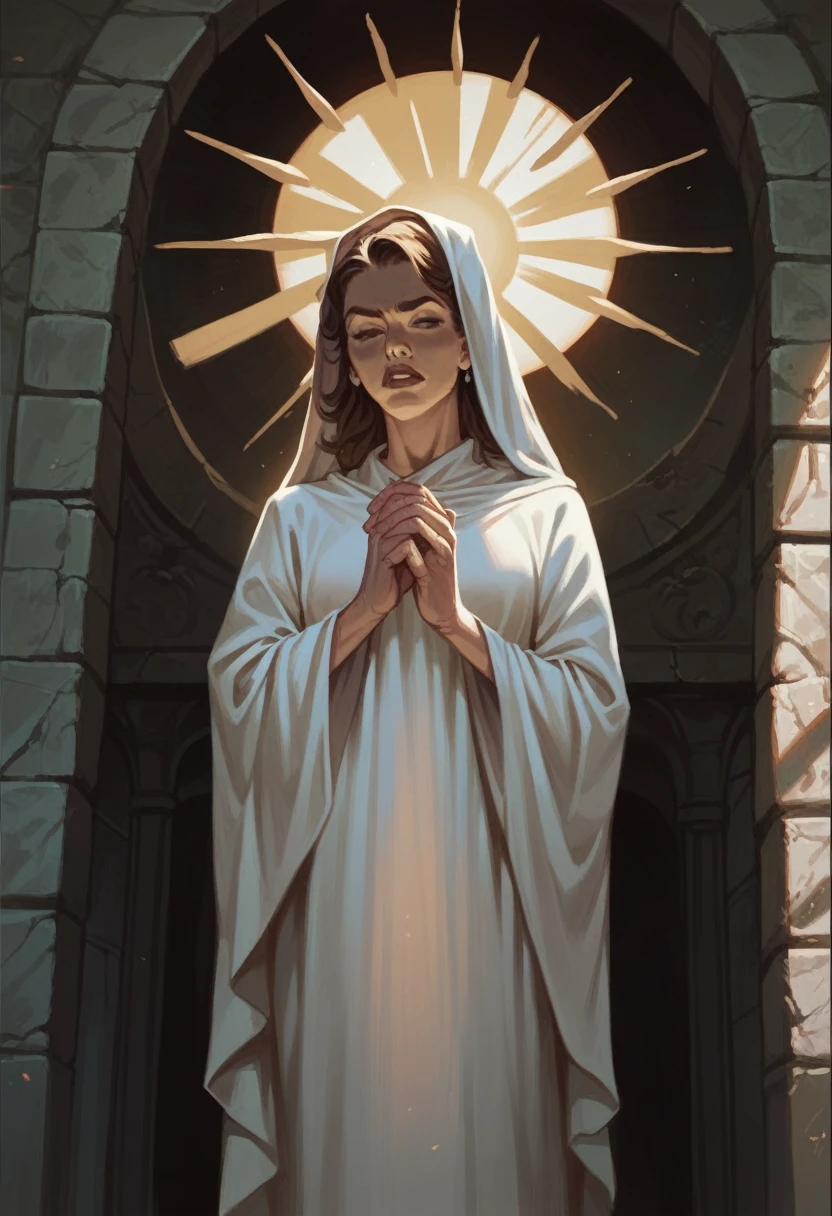 Virgin Mary lots of light, sun, Cruz, sacrifice