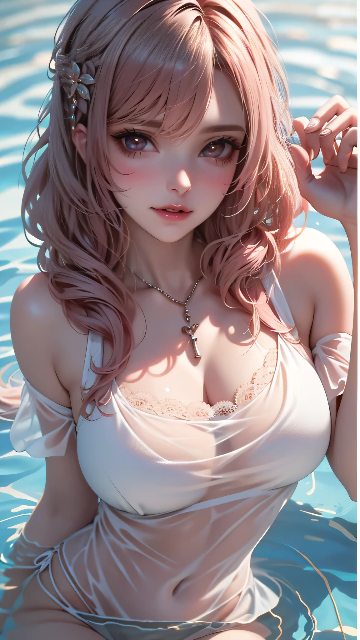 (fellatio gesture),(floating in water),(soaked),baggy t-shirt,(see through),lace swimsuit,(Thin type:1.5),(large breasts),(random hairstyle:1.2),(Highest image quality, (8K), Ultra-realistic, Best Quality, High quality, High Definition, high quality texture, high detailing, Beautiful detailed, fine detailed, extremely details CG, Detailed texture, realistic representation of face, masterpiece, presence)