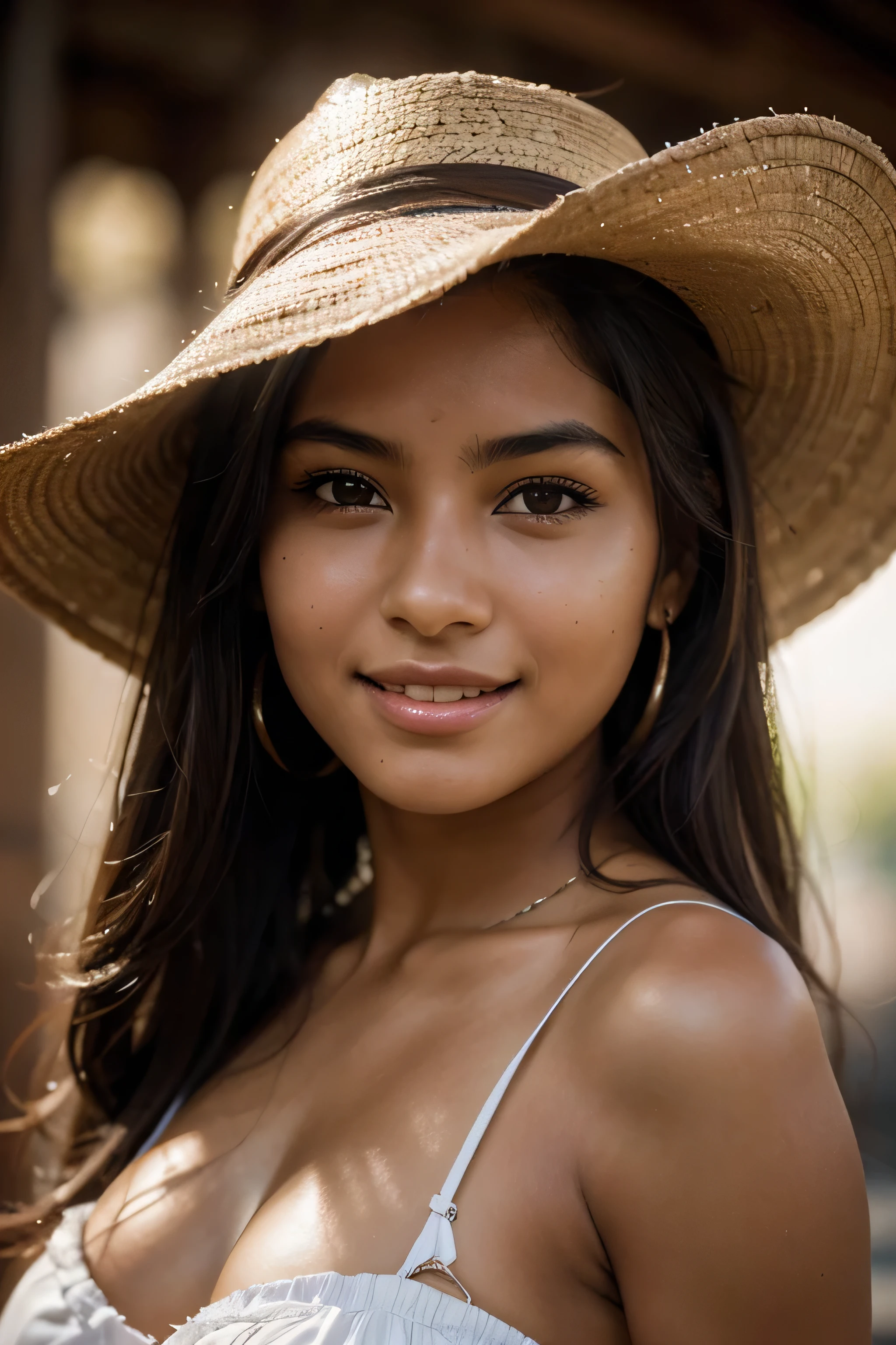 Beautiful peruvian woman, 18 years old, portrait photo, close-up of face, smiling seductively, (skin texture:1.1), (high detail face:1.1),high detail body, high detail clothes, (masterpiece), (realistic), ultra high definition, 4k, ultra high resolution, film grain, cinematic lighting, rim lighting, photo by Mark Mann, RAW image