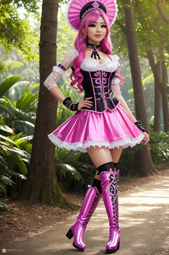 sexy stylish Thai model, only 1 female, long neon pink stylish hair, ((shiny Victorian-Style boots)), beautiful smile, ultra detailed eyes, vivid eye makeup, lipgloss, long lashes, defined eyebrows, ((sexy Paradise Kiss cosplay)), bell-shaped skirt, petticoats, high neckline, puffed sleeves, (( ultra detailed lace)), ((ultra detailed embroidery)), intricate details, Paradise Kiss accessoires and matching headpiece, choker, ((large sparkling Paradise Kiss jewelry)), cinematic light, detailed large park background with trees