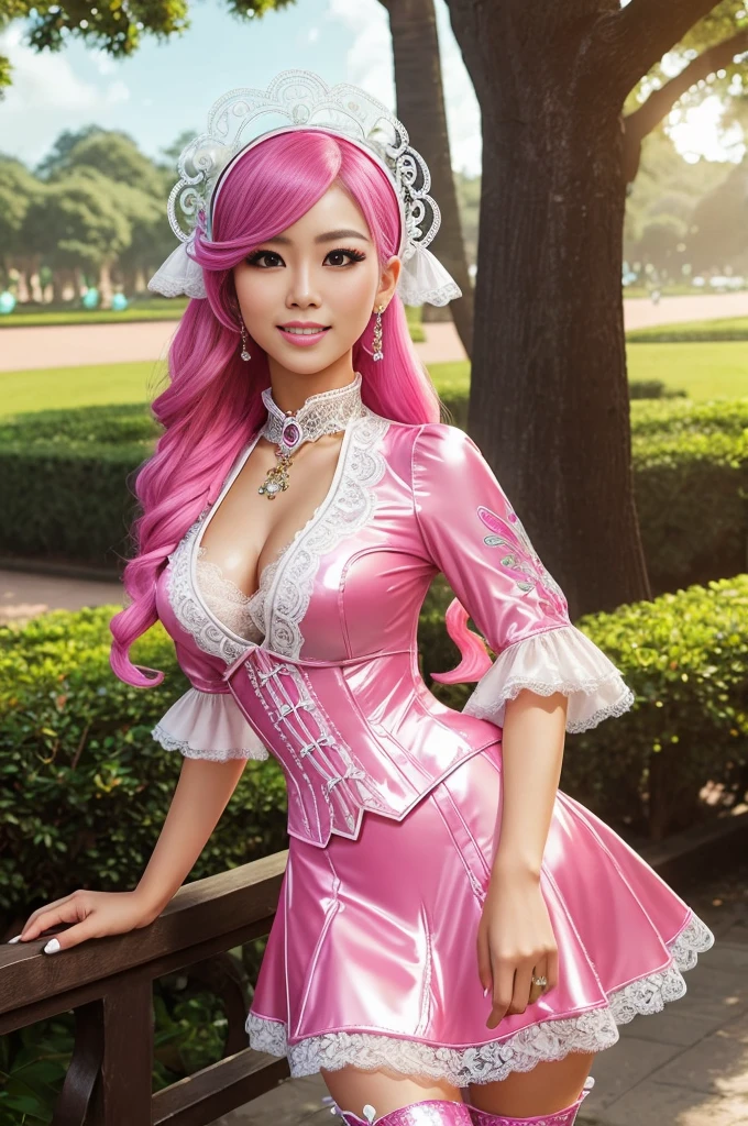 sexy stylish Thai model, only 1 female, long neon pink stylish hair, ((shiny Victorian-Style boots)), beautiful smile, ultra detailed eyes, vivid eye makeup, lipgloss, long lashes, defined eyebrows, ((sexy Paradise Kiss cosplay)), bell-shaped skirt, petticoats, high neckline, puffed sleeves, (( ultra detailed lace)), ((ultra detailed embroidery)), intricate details, Paradise Kiss accessoires and matching headpiece, choker, ((large sparkling Paradise Kiss jewelry)), cinematic light, detailed large park background with trees