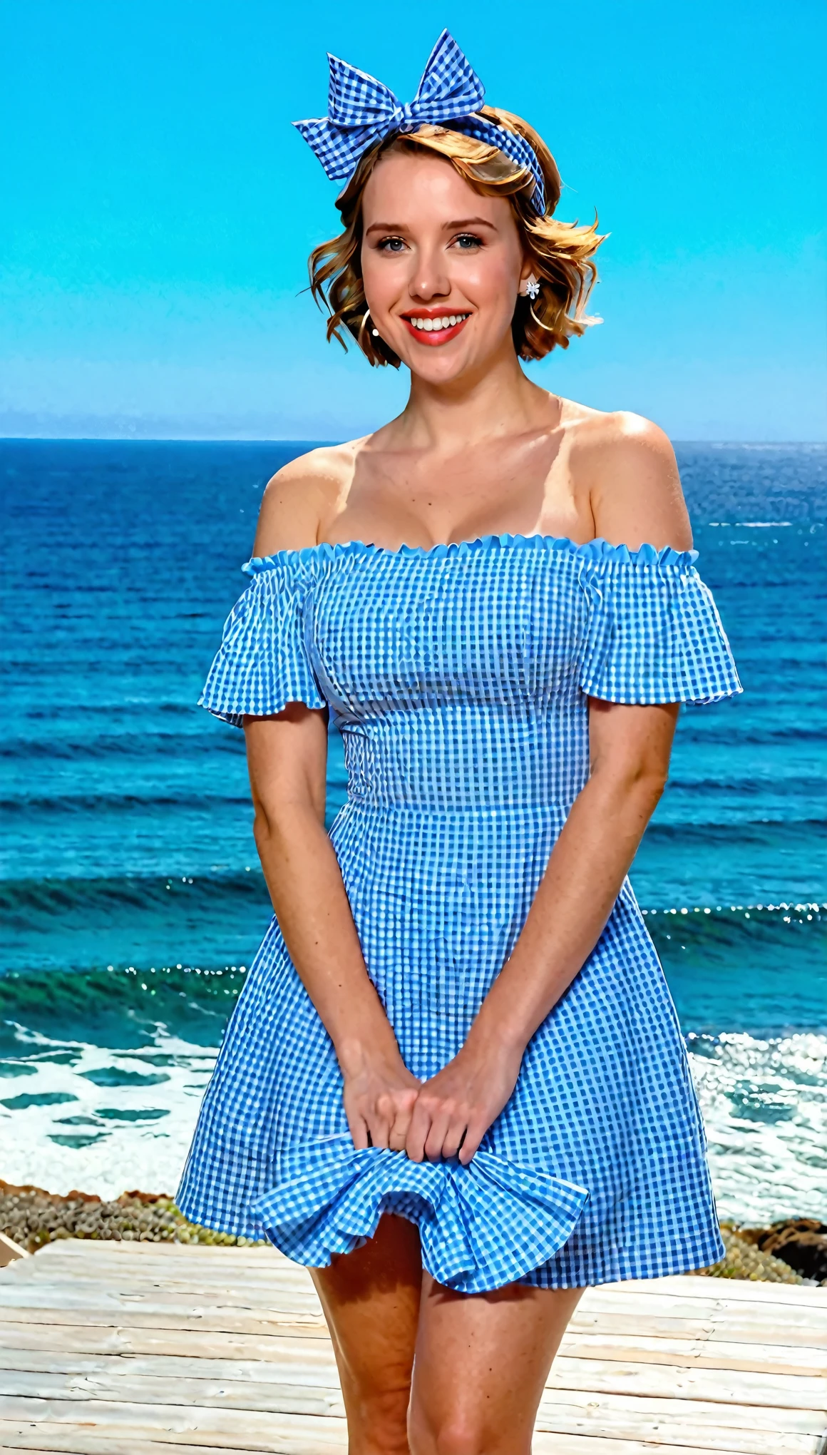 Scarlett Johansson is a young woman with short, dark brown hair styled in a bob cut, wearing a blue and white checkered headband. She has a cheerful expression with bright, smiling eyes and a wide, happy smile. Her outfit is a blue and white gingham off-the-shoulder short dress with ruffles along the neckline and shoulders, and a silver star-shaped necklace and matching star earrings. The background features a serene ocean scene with gentle waves and a clear blue sky. The lighting is bright and natural, giving the image a vibrant, summery feel. (Distant full body view:1.6), ultra realistic photo, vibrant colors, 16k