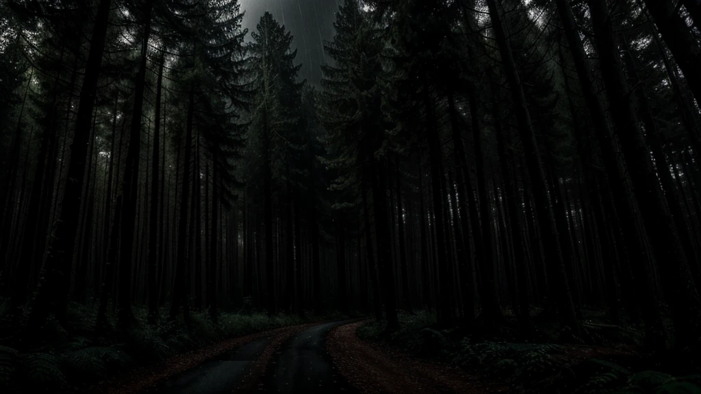 dark wide forest raining at night