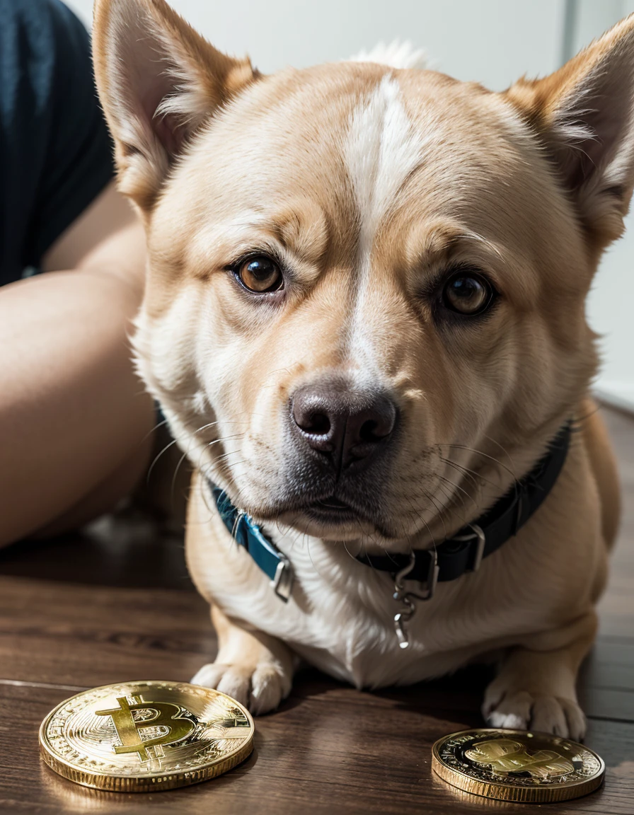 man with dog, dog with money in its mouth, angry dog, fierce dog, Shiba Inu breed, Shiba Inu, tokens, cryptocurrency, called inu, 4k, high quality, realistic with drawing