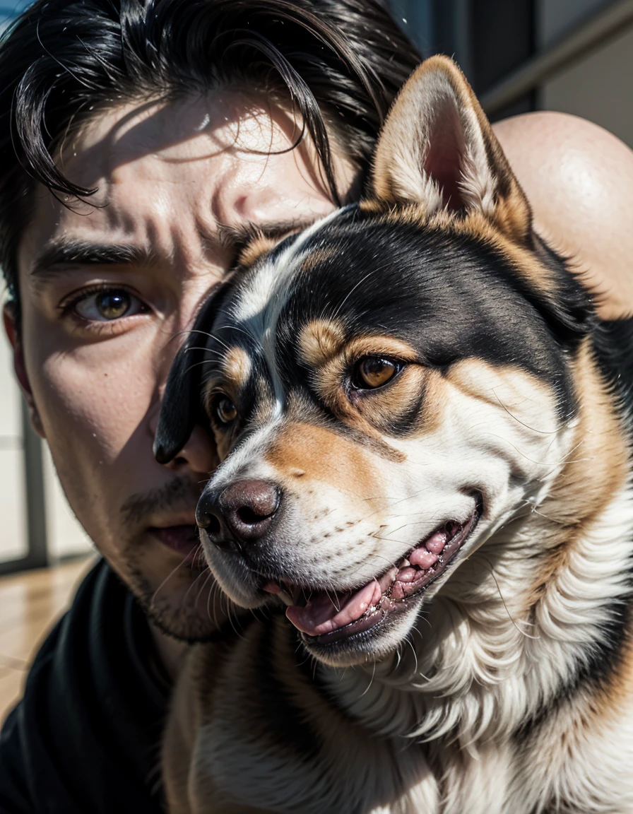 man with dog, dog with money in its mouth, angry dog, fierce dog, Shiba Inu breed, Shiba Inu, tokens, cryptocurrency, called inu, 4k, high quality, realistic with drawing
