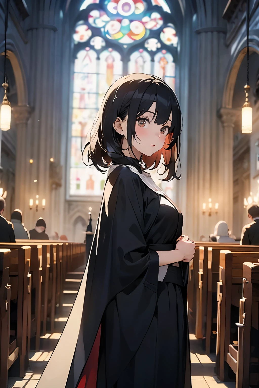 Woman in black dress and cape posing in church, Nun costume, Guweiz on ArtStation Pixiv, guweiz on pixiv artstation, Dressed like a priest, Behind her is a Gothic cathedral, , [ 4k digital art ]!!, Anime Goddess, Gweiz-style artwork
