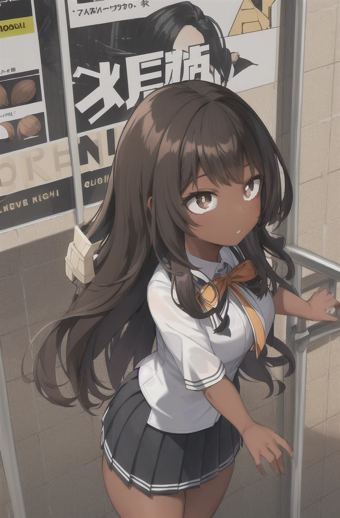 Horikoshi Kouhei, 1 girl, Dark skin, , high school clothes, dark brown hair, borroso background, Boku no hero academia, high resolution, Brown eyes, almond eyes, long hair, afro hair