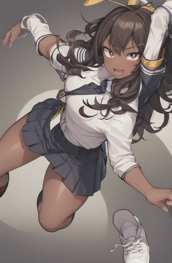 Horikoshi Kouhei, 1 girl, Dark skin, , high school clothes, dark brown hair, borroso background, Boku no hero academia, high resolution, Brown eyes, almond eyes, long hair, afro hair
