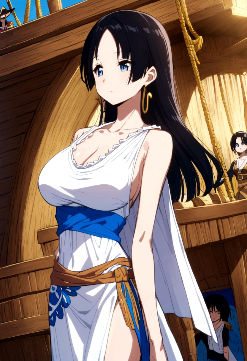 ((anime ))((2D)) Women, average height ,clear skin,thin face ,blue eyes,black hair , waist length ,fringe,Skinny body,big breasts,small waist,a greek dress, on a pirate ship.