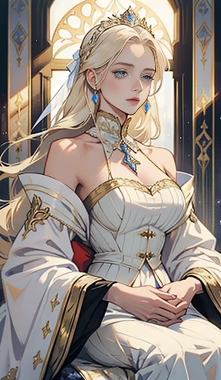 Fantasy, 19th century, empress, woman, delicate face, pale blonde hair, blue eyes, in a white royal dress with open shoulders, gold patterns on fabric, crystal jewelry, with a scarlet ribbon over the shoulder with the regalia of the monarch, Gothic castle made of white stone on the background, light, day, hd