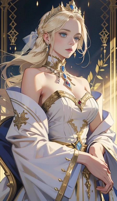 Fantasy, 19th century, empress, woman, delicate face, pale blonde hair, blue eyes, in a white royal dress with open shoulders, gold patterns on fabric, crystal jewelry, with a scarlet ribbon over the shoulder with the regalia of the monarch, Gothic castle made of white stone on the background, light, day, hd