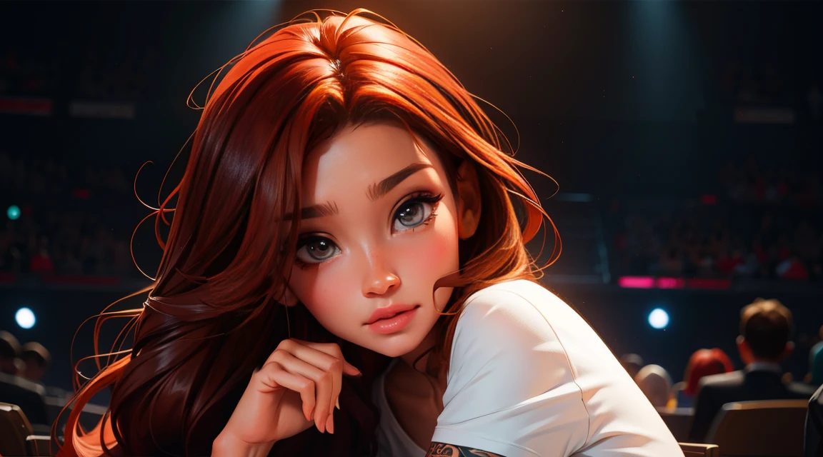 high resolution, Soft light,1womanl, Solo, Hips up, (Detailed face),tattoo, jewelry, t-shirt with rough chest, Beautiful soldiers, Grab the audience's eye, Lover's perspective, Invitation expression, Sexy smile, Perfect style, Perfect balance, Detailed skin, mischievous gaze, chest visible,red hair ,green eyes