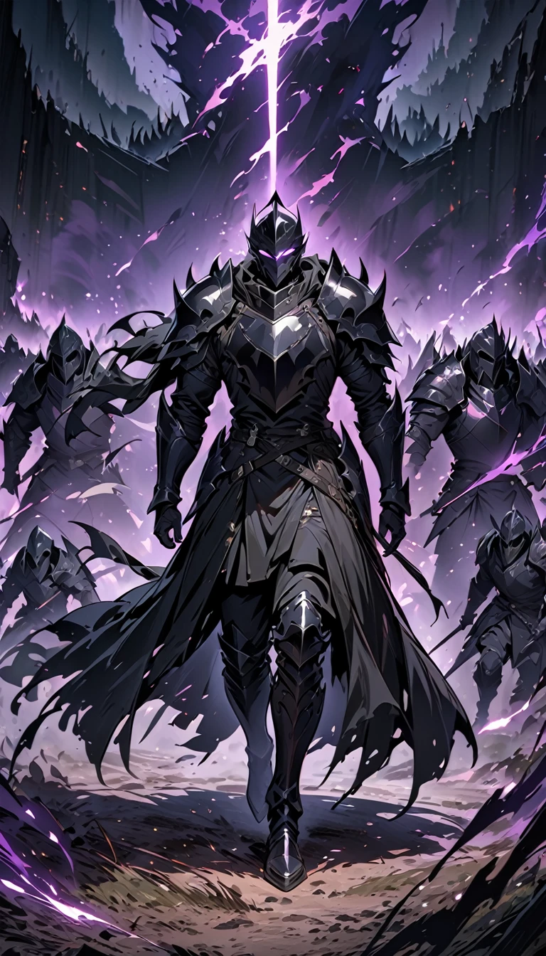 male black shadow ghost knight in a battlefield, shadow, black, knight, ghost knight, full body view, facing front, shadow knight, glowing purple eyes, black smoke, dark, masterpiece, masterpiece lighting, many knights following