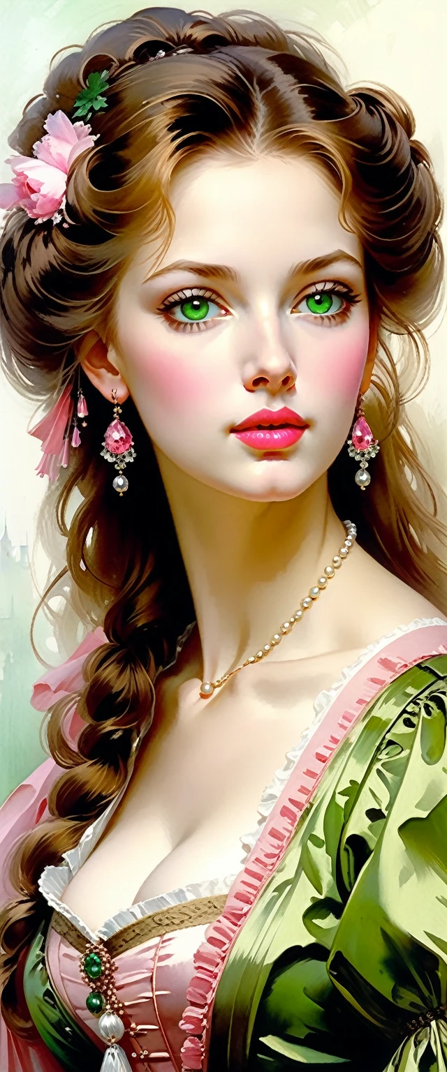 Victorian Hungarian women Women of the 17th century, Hazel hair, Pink lips, Nice feature, Wadim Kashin, james gurney, ink, Splash Art, Amazing beauty , Royo, after sexing, Super detailed splash art modern European ink oil painting, Mid gorgeous breasts, Gorgeous body, Acqua Green eyes, Blush, greg rutkowski.