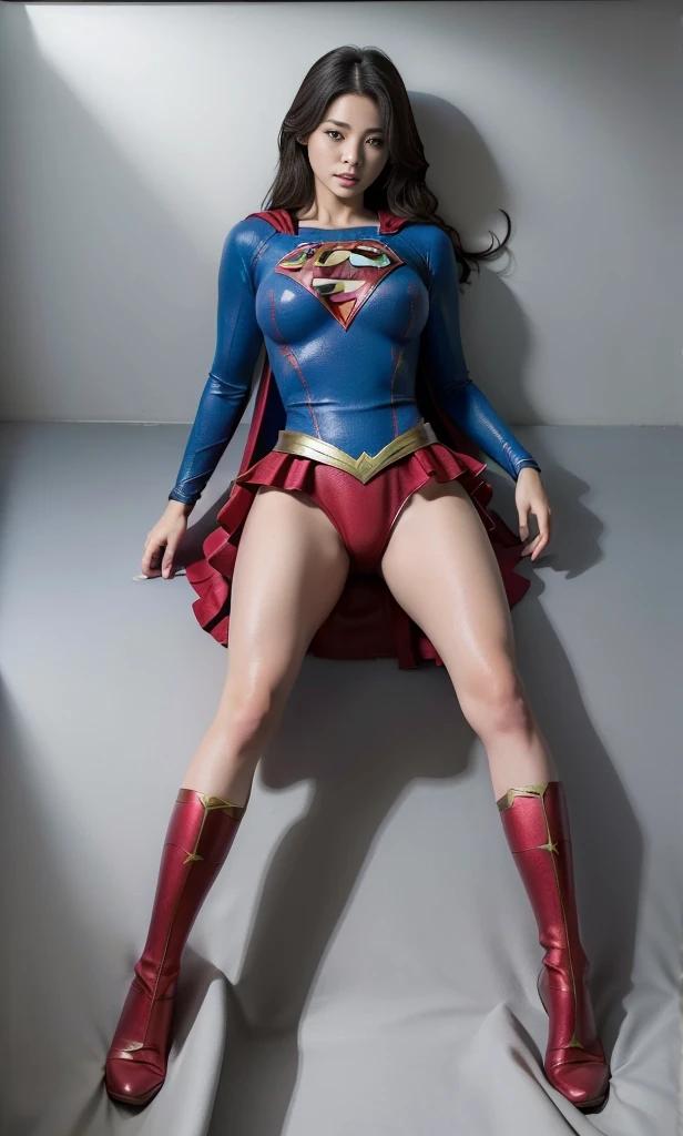 (((Highest quality、8K、masterpiece:1.3))、Supergirl、胸にSupergirlのロゴ、Sharp focus:1.2、Beautiful woman with perfect figure:1.4、Slim Abs:1.2、((Layered Cut、Huge boobs:1.2))、Wet body:1.5、非常に詳細な顔と肌の質感Supergirl、Bloodstained、Clothes are shredded、Torn、Highest quality, Familiar, High resolution), 1 Girl, Supergirl、Super Heroine、Bishoujo Warrior、defeat、Lying down&#39;return、fall、knock out、フィットしたSupergirlのコスチューム、Enlarge your breasts、Muscular、alone, From above,sleepy, sleepワイン, Doll joints、sleep、it hurts、it hurts look、syncope、cadaver、Beautiful crotch、High detail、8K