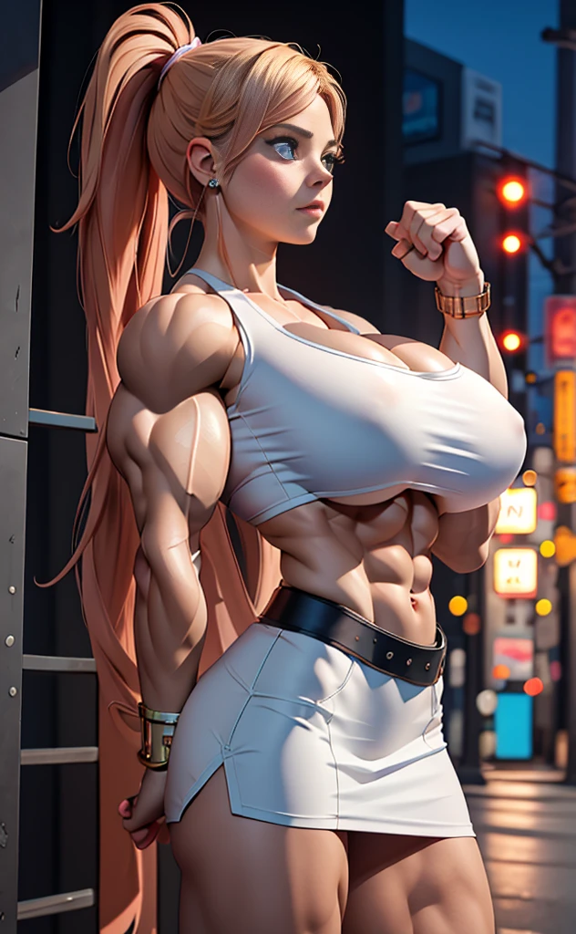 absurdres, highres, ultra detailed, ultra realistic, ((1 girl)), young and cute 21 yr old Avril Lavigne as bodybuilder Greek goddess of lightning, bodybuilder physique, ((((huge muscles)))), perfect skin, female, full body side view, musclebound, undone hair, huge breasts, swole enormous ripped muscles, enormous glutes, ((((underboob)))), erect nipples, cute young face, wearing white micro miniskirt, alone in the city at night