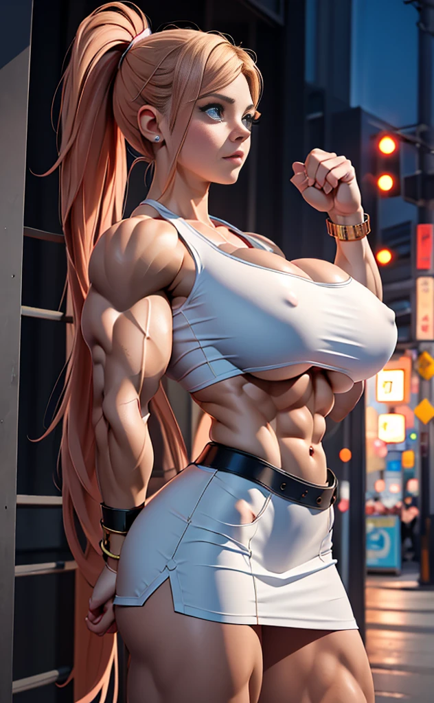 absurdres, highres, ultra detailed, ultra realistic, ((1 girl)), young and cute 21 yr old Avril Lavigne as bodybuilder Greek goddess of lightning, bodybuilder physique, ((((huge muscles)))), perfect skin, female, full body side view, musclebound, undone hair, huge breasts, swole enormous ripped muscles, enormous glutes, ((((underboob)))), erect nipples, cute young face, wearing white micro miniskirt, alone in the city at night