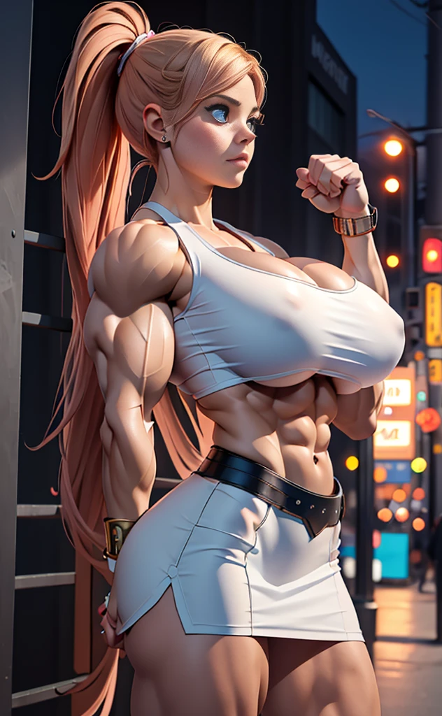 absurdres, highres, ultra detailed, ultra realistic, ((1 girl)), young and cute 21 yr old Avril Lavigne as bodybuilder Greek goddess of lightning, bodybuilder physique, ((((huge muscles)))), perfect skin, female, full body side view, musclebound, undone hair, huge breasts, swole enormous ripped muscles, enormous glutes, ((((underboob)))), erect nipples, cute young face, wearing white micro miniskirt, alone in the city at night