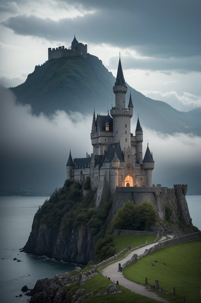 Create an image with a distant castle, the image is a little dark, in an old vibe,