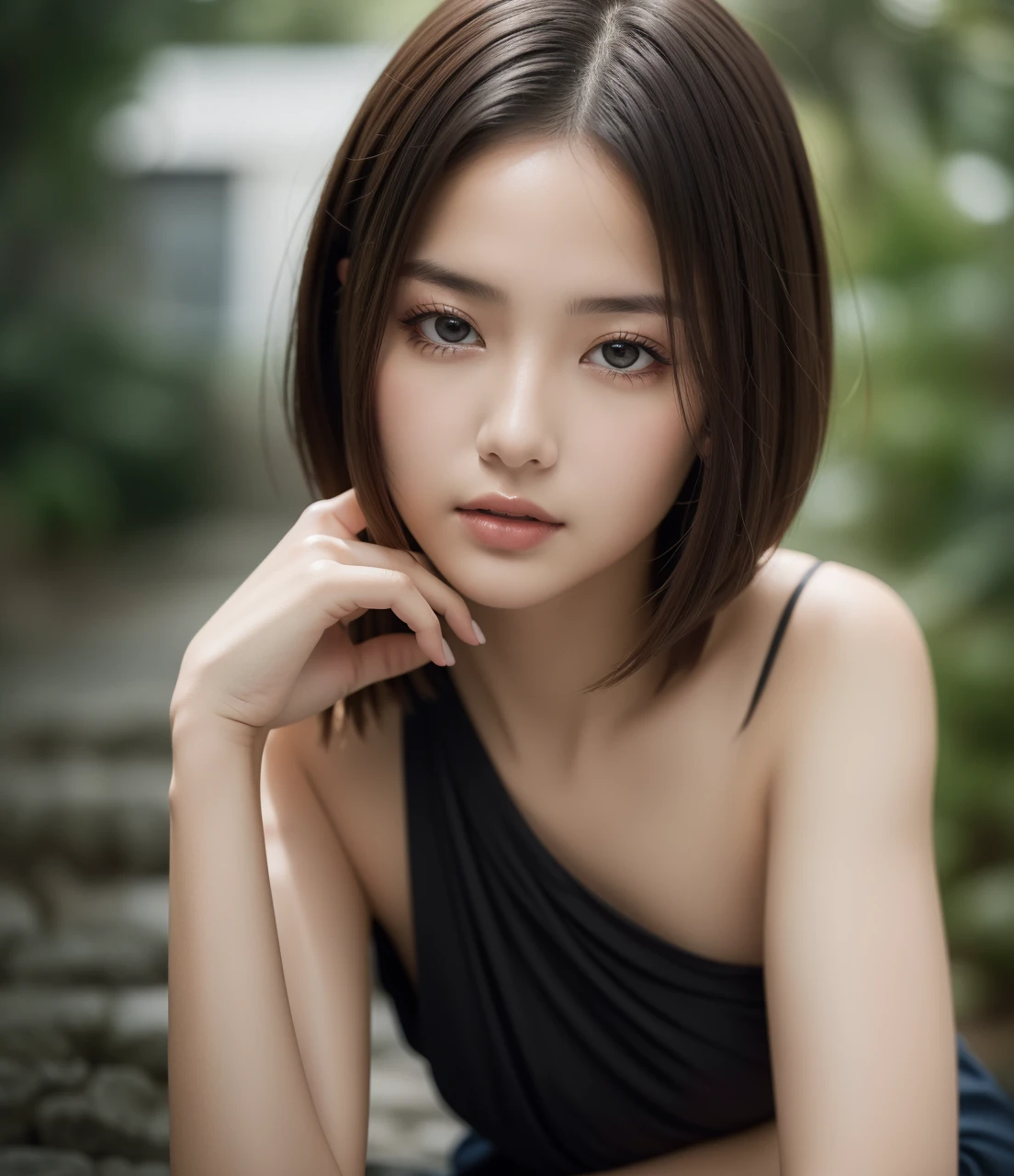 Best quality, masterpiece, ultra high res, (photorealistic:1.5), raw photo, 1girl, offshoulder, in the dark, deep shadow, low key, cold light, sexy look, short hair