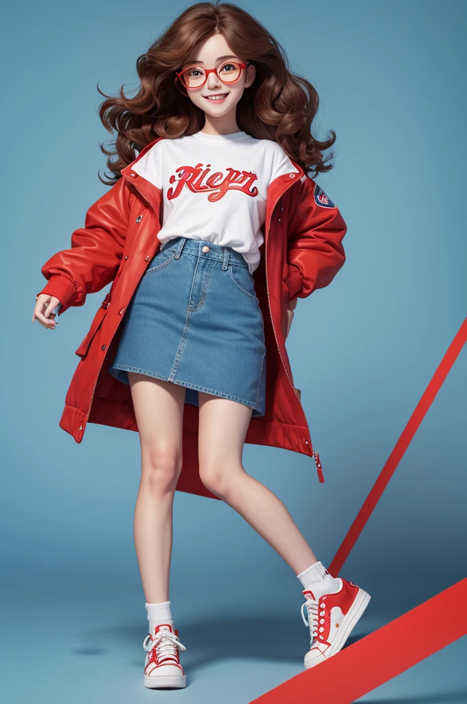 Funnily character, disney pixar style,3d,very tiny, with long wavy brown hair,heat denim pleated skirt,red al star sneakers,red american football style coat,with happy face,light blue skin,Round Red Glasses, white background 8k quality