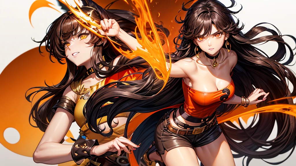 Kizi, long voluminous and messy dark brown curly hair, voluptuous, gold eyes, black choker necklace, orange earring, light brown cropped blouse, shorts above the waist dark brown, dark brown boots, RWBY style, realisitic, dark backdrop with orange symbols, high qualiy, detailded, seductive expression, fighting position.