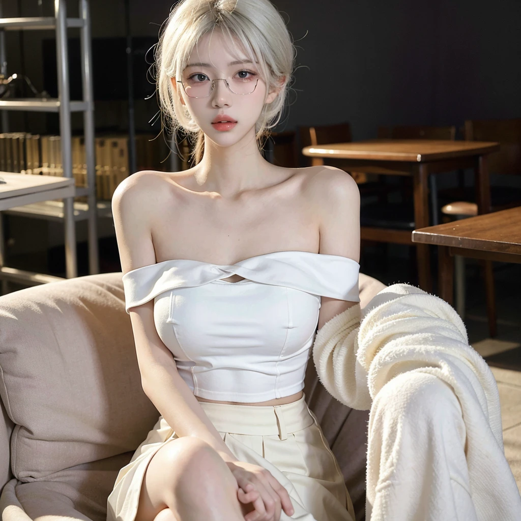 Beautiful woman with perfect figure:1.4,Ultra-high resolution,Wearing glasses,white背景,(real:1.4),Layered Hairstyles,white皮肤,Super Short Pleated Skirt,whole body,Extremely delicate facial and skin texture,double eyelid,Skin whitening,Long Hair,white hair,white,