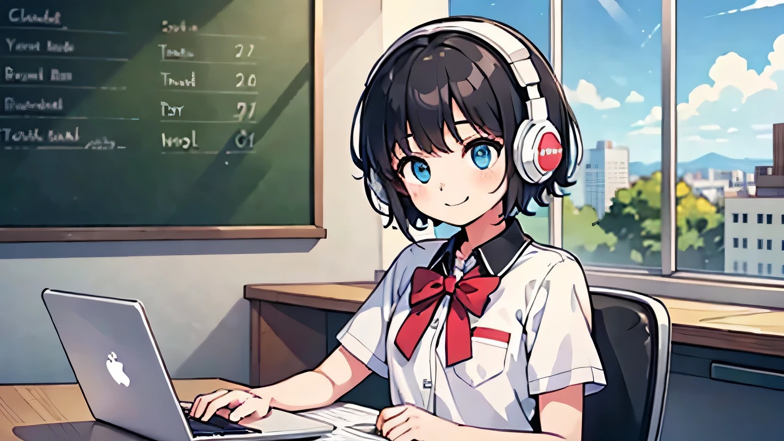 1girl, solo, blue eyes, (detailed eyes), gentle smile on her face flat chest, short hair, black hair, upper body, wearing a school uniform((masterpiece, illustration, best quality)) girl sitting at a desk with a laptop and headphones on